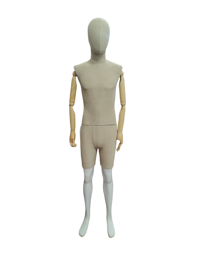 Maniquí De Hombre En Lino Beige Con Brazos Articuladas Y Base De Madera Clara