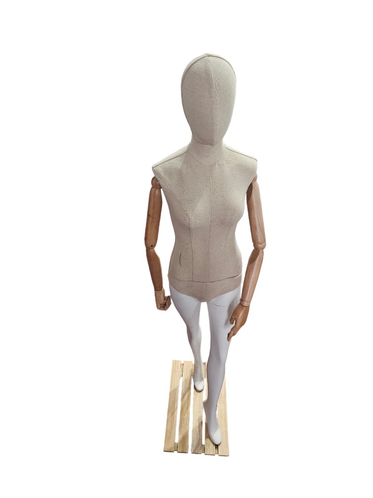 Woman Mannequin In Fabric With Articulated Arms And Light Wood Base