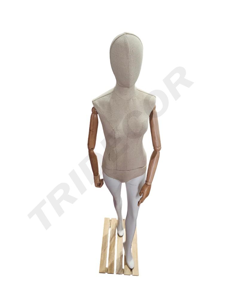 Woman Mannequin In Fabric With Articulated Arms And Light Wood Base