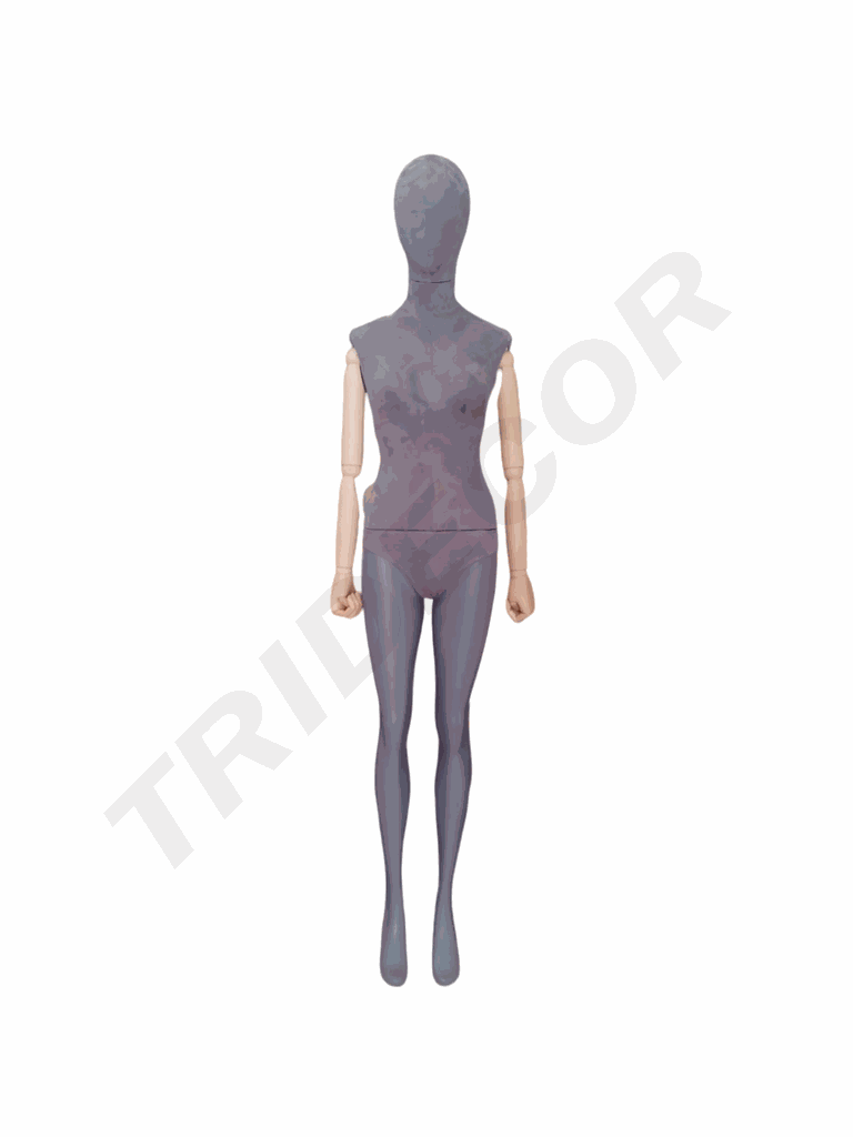 Manequim feminino de linho cinza, pé reto, braço transparente, base transparente