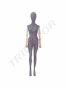 Manequim feminino de linho cinza, pé reto, braço transparente, base transparente