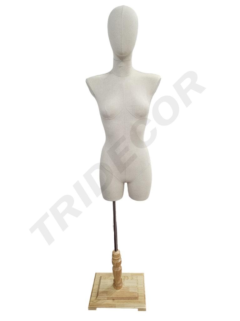 女麻布内衣模带脑袋 配原木色欧式大方 Busto Mujer Lino Sin Brazo Base Tubo Rectangular Madera Clara