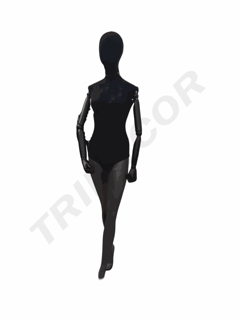 Black Linen Female Mannequin Forward Foot Black Arm Black Base