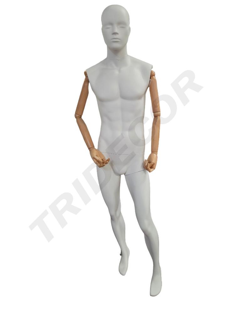 Maniquí Hombre Pie Adelantado Blanco Mate Brazo Claro Base Acero Inox