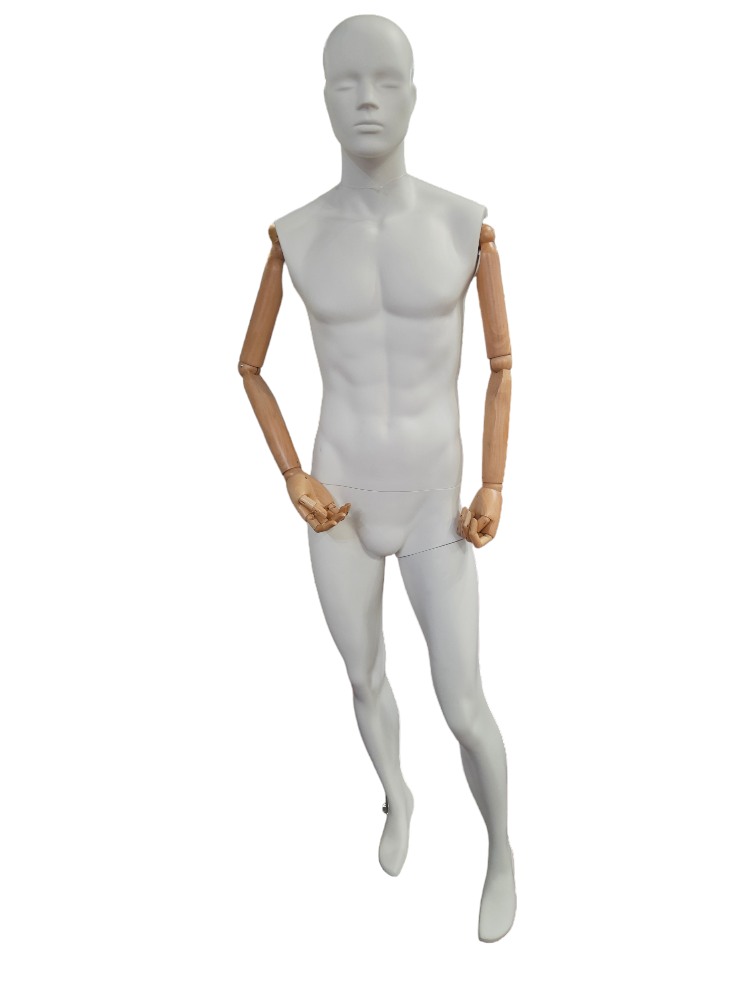 Maniquí Hombre Pie Adelantado Blanco Mate Brazo Claro Base Acero Inox