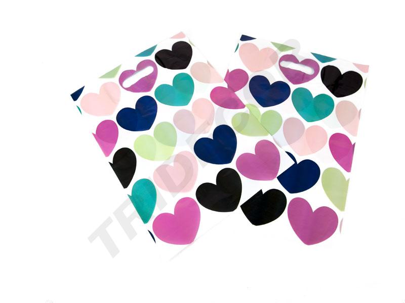 彩色爱心塑料礼品袋Bolsa de Plástico Asa Troquelada 16X25cm Corazones 100 /Pq 40Pq/caja