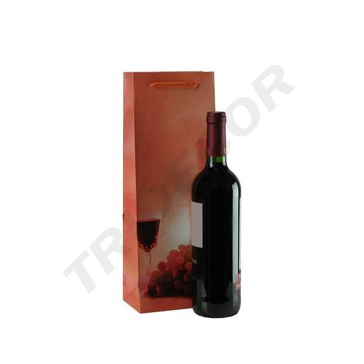 Bolsa De Papel Color Coral Con Asa De Cordón Para Botella De Vino Tamaño 36X13+8.5 Cm 25 Unidades