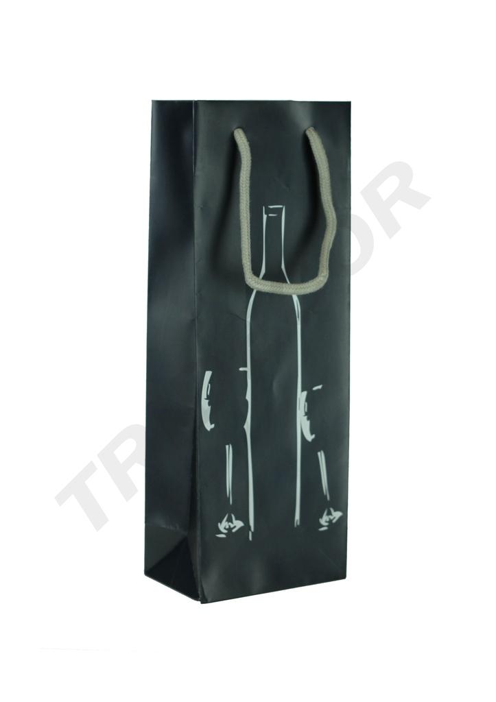 Bolsa de Papel Azul con Asa de Cordón para Botella de Vino, 36X13+8,5 CM, 25 Piezas