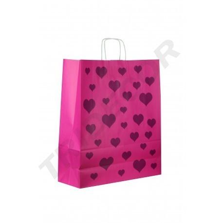 Sac de hârtie de celuloză cu mâner încurcat, dimensiune 22X10X27CM, culoare fucsia cu inimi, 25 de unități