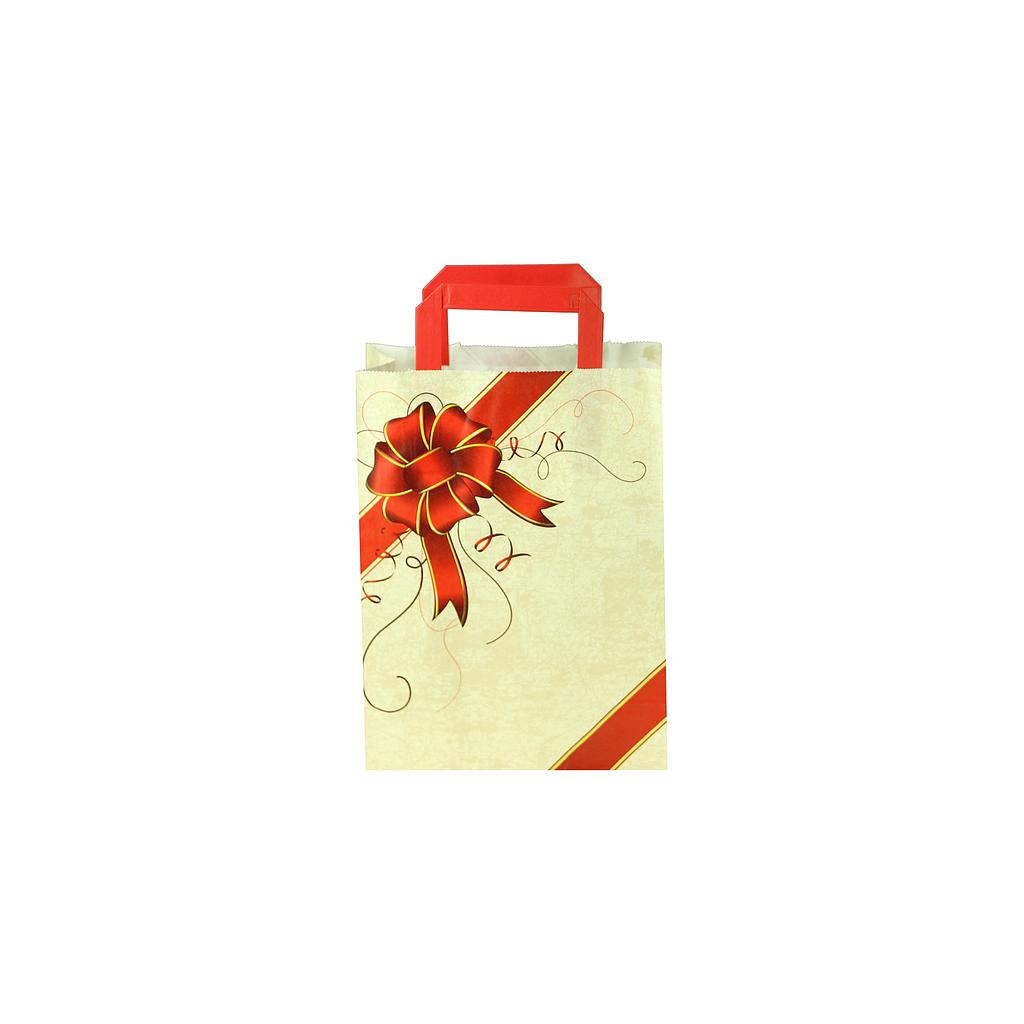 Sacchetto di carta cellulosa con manico piatto beige e fiocco rosso 29X22X10 cm 25 unità