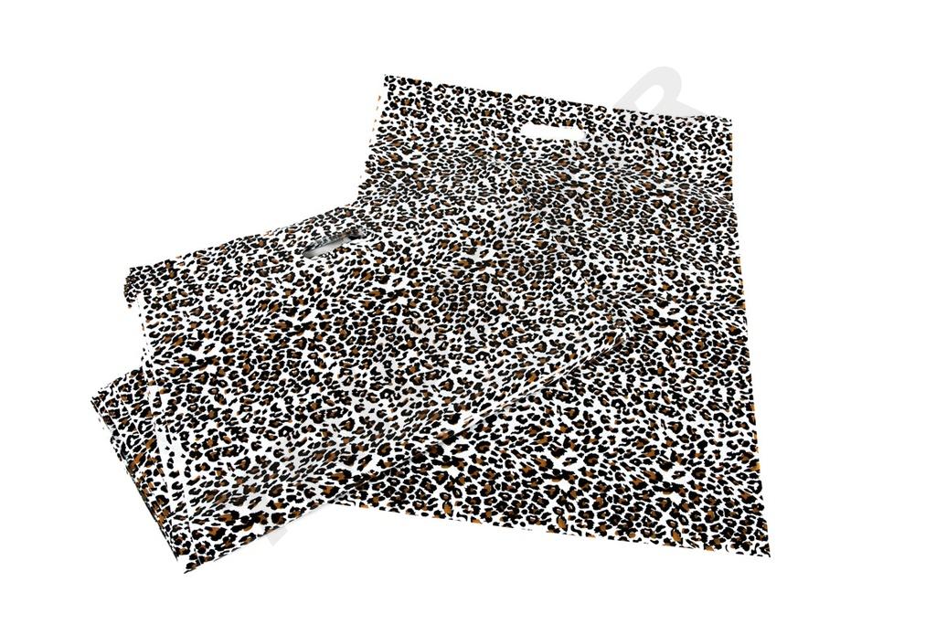 Pungă de plastic cu imprimeu leopard 35x45 cm cu mâner decupat, 100 de bucăți