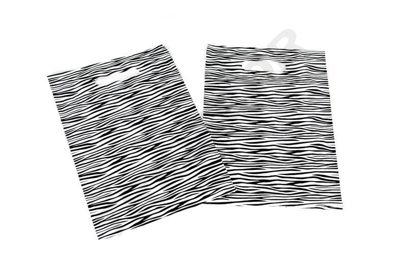 Saco de plástico com estampa de zebra e alça recortada 25x35cm 100 unidades