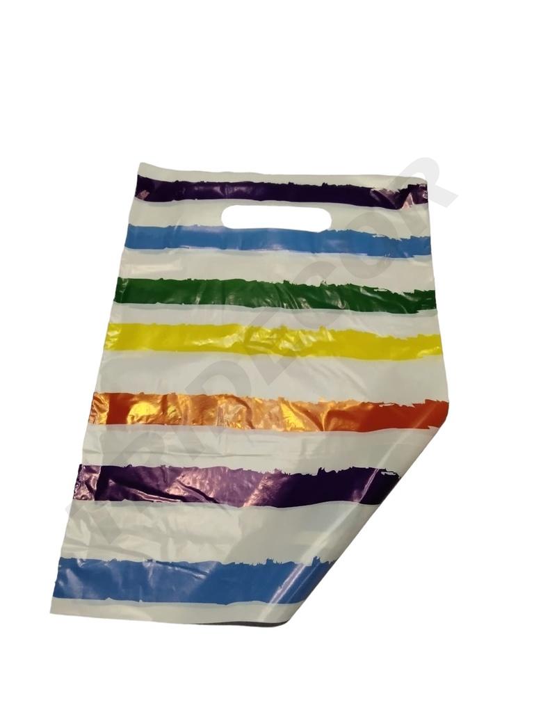 彩虹色手提袋塑料袋 Bolsa de plástico con asa troquelada arcoíris 50x60 cm 100/unidad 5pq /caja