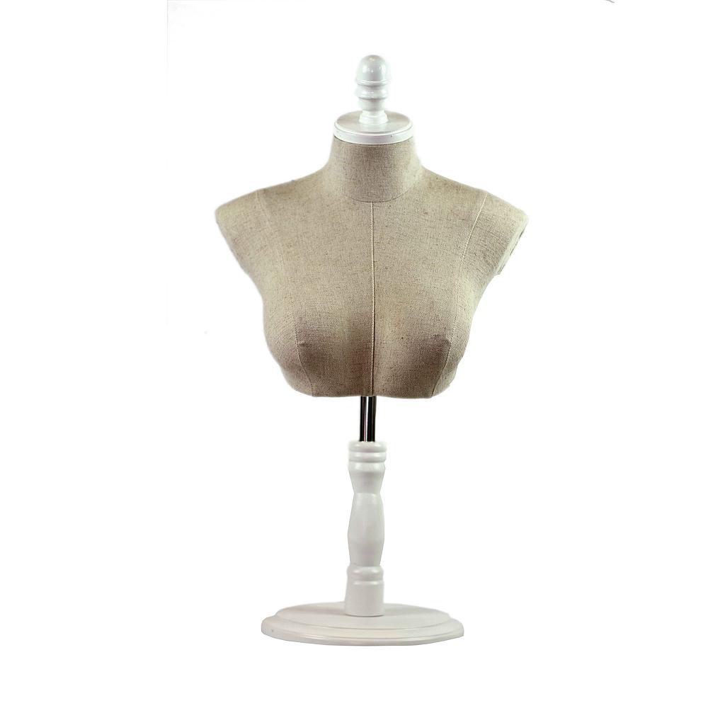 Half-body bust of a woman in white adjustable base fabric