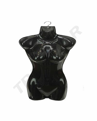 Buste de femme en plastique noir avec porte-manteau