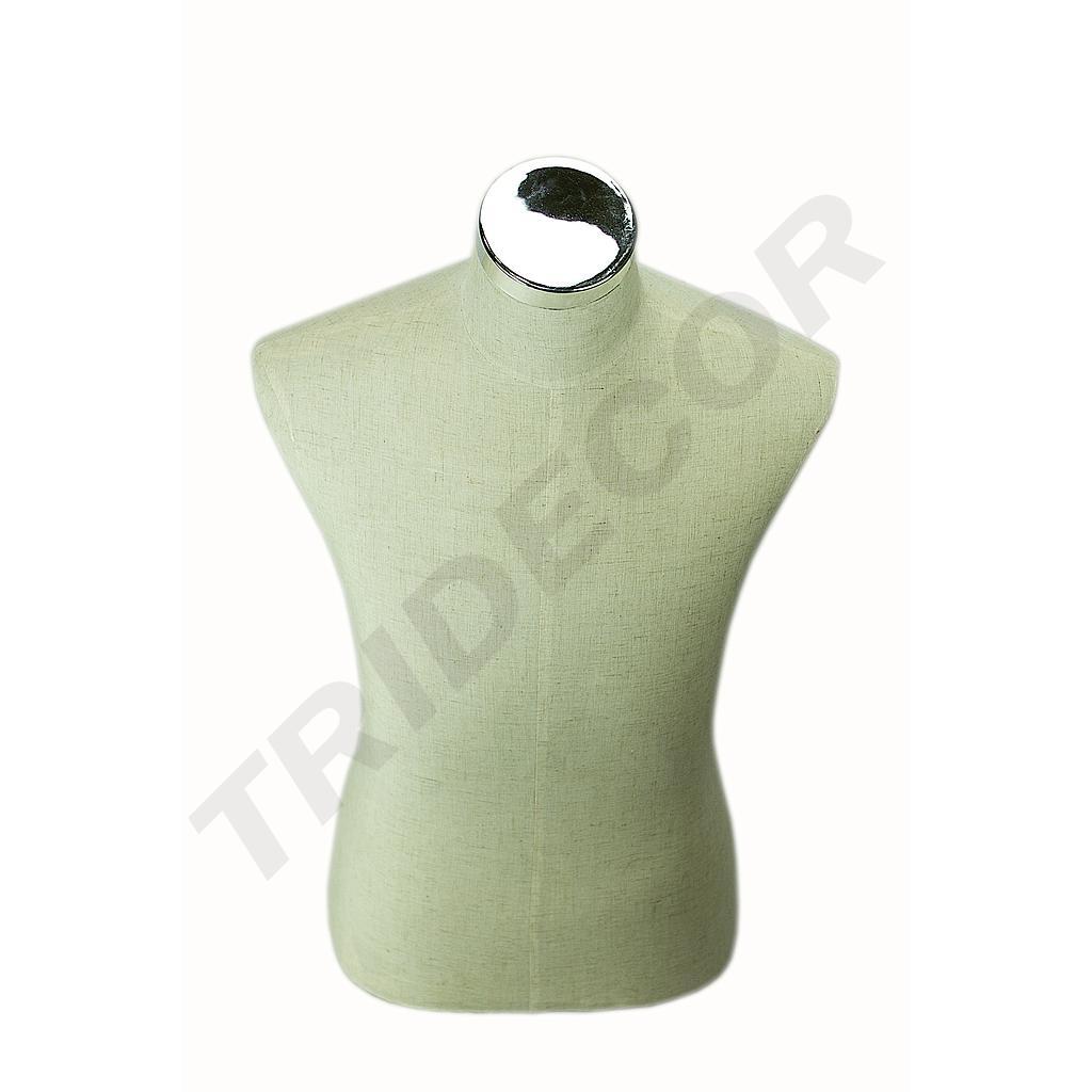 Beige Linen Man Bust with Wooden Base