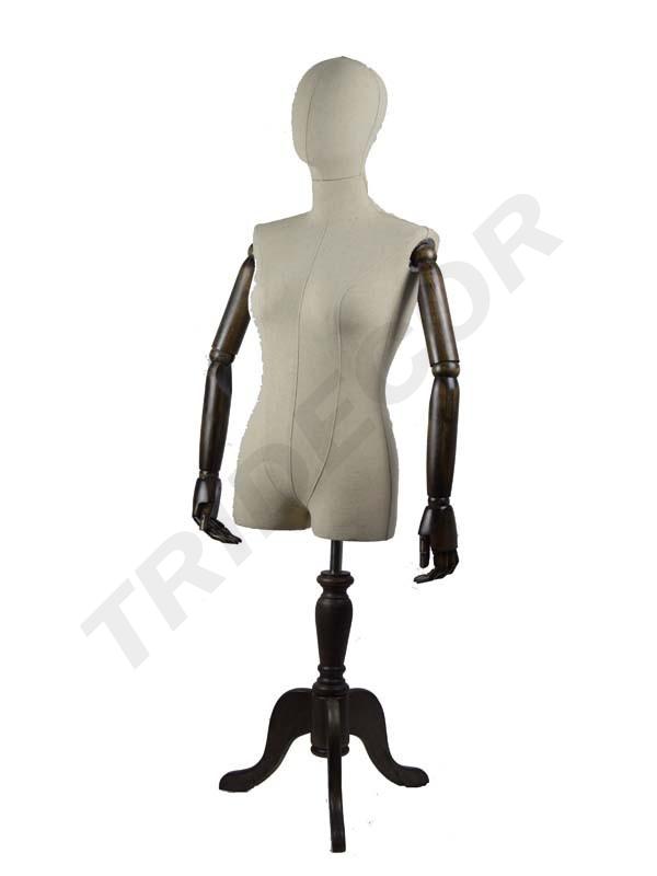 Busto di donna in lino con testa e braccia articolate su base in legno scuro