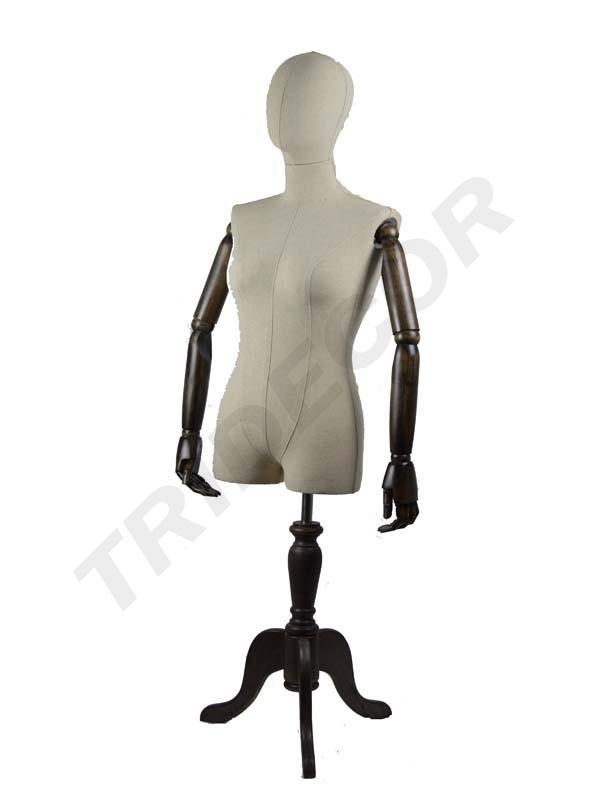Busto di donna in lino con testa e braccia articolate su supporto in legno scuro