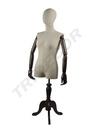 Busto di donna in lino con testa e braccia articolate su supporto in legno scuro