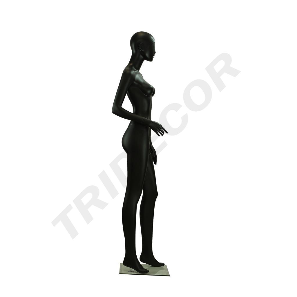 Matte Black Female Mannequin with Detailed Features and Hair