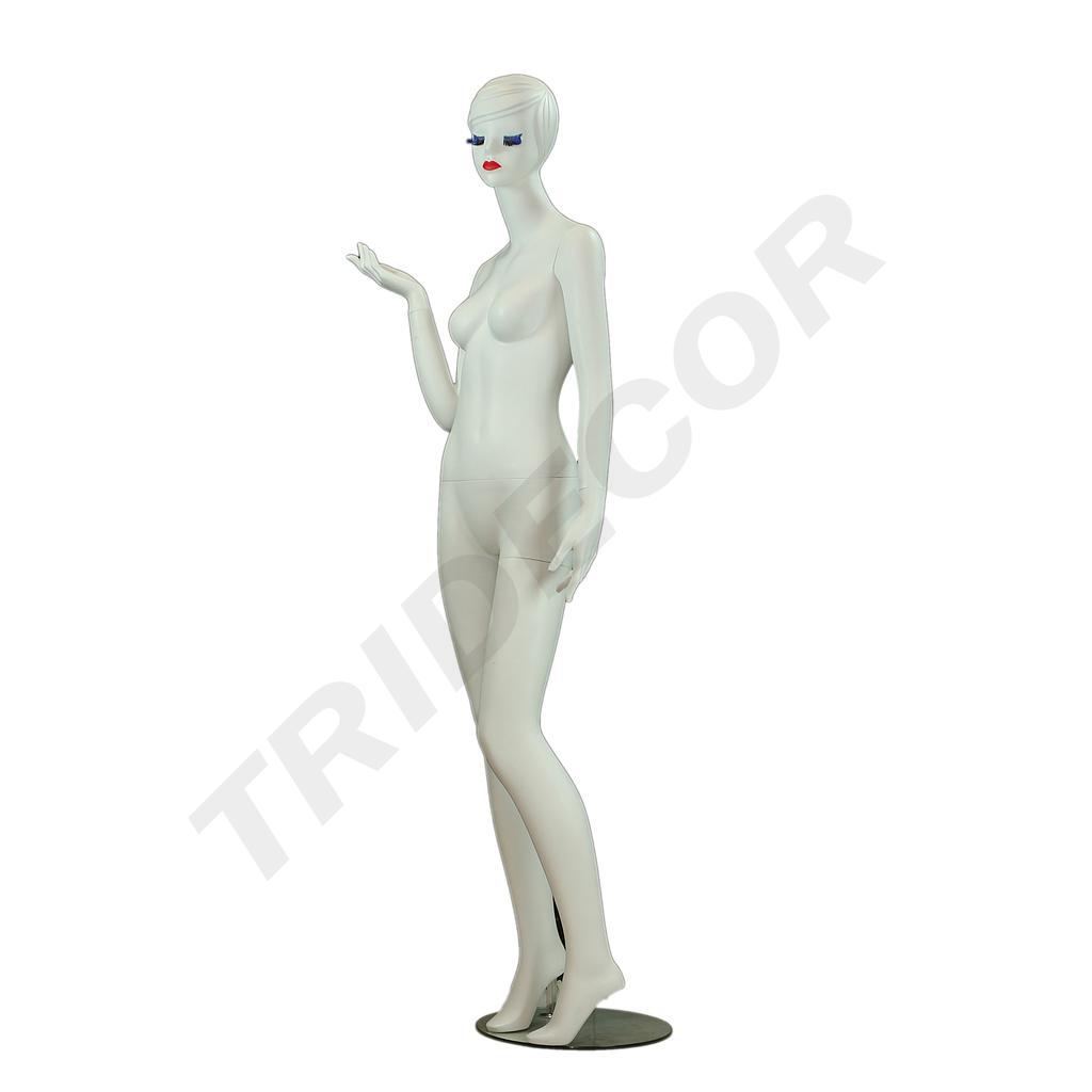 Female Mannequin in Matte White with Blue Eyelashes and Sculpted Hair