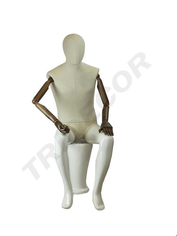 白麻包布男坐模 Maniqui de Hombre Fibra Vidrio y Tela Blanco Brillo Sentado Con Brazos Articulados