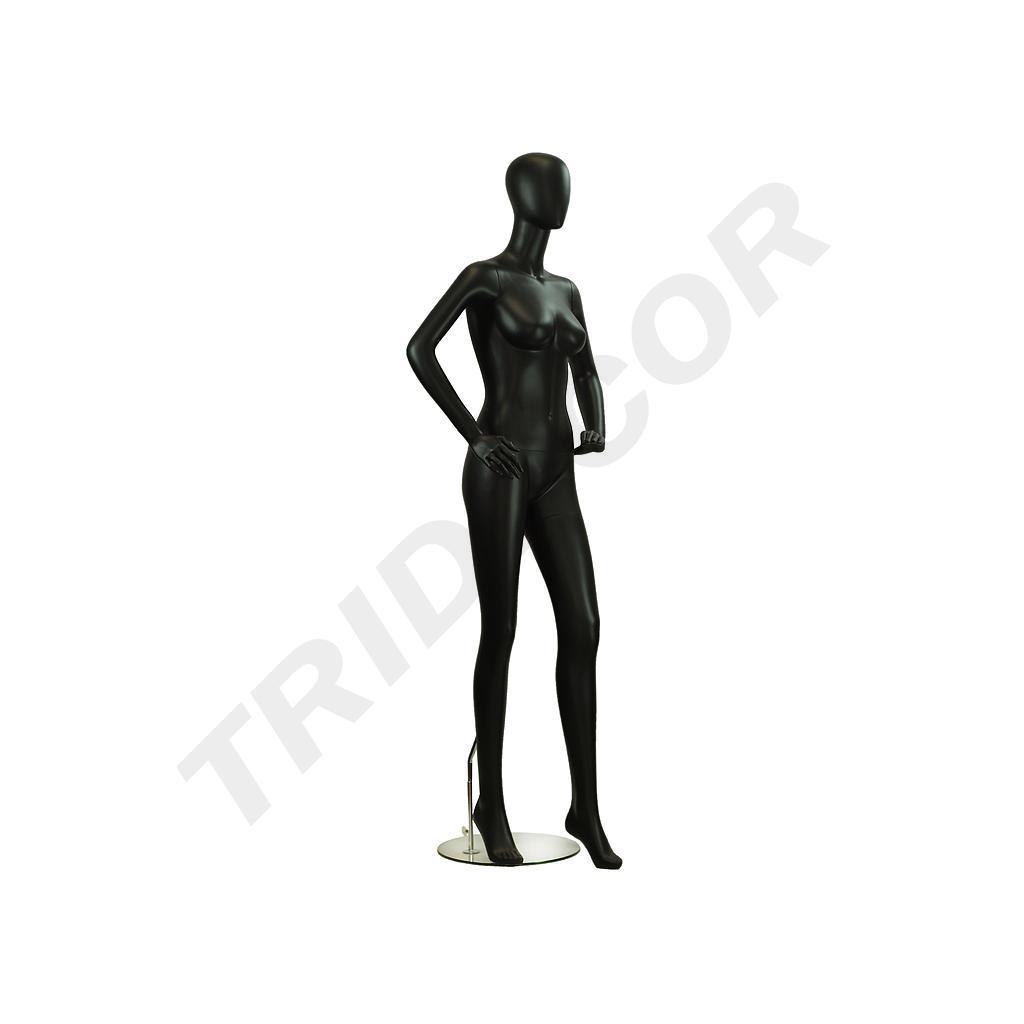 Matte black featureless female mannequin with hands on hips