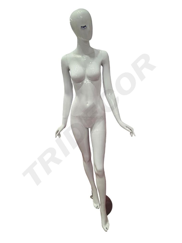 全身女站模亮光 Maniquí de Mujer Fibra de Vídrio Blanco Brillo Pestaña Azul Pierna Adelantada