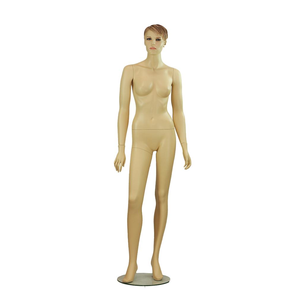 Hautfarbene Fiberglas-Frauenmannequin mit geschnitzten Haaren