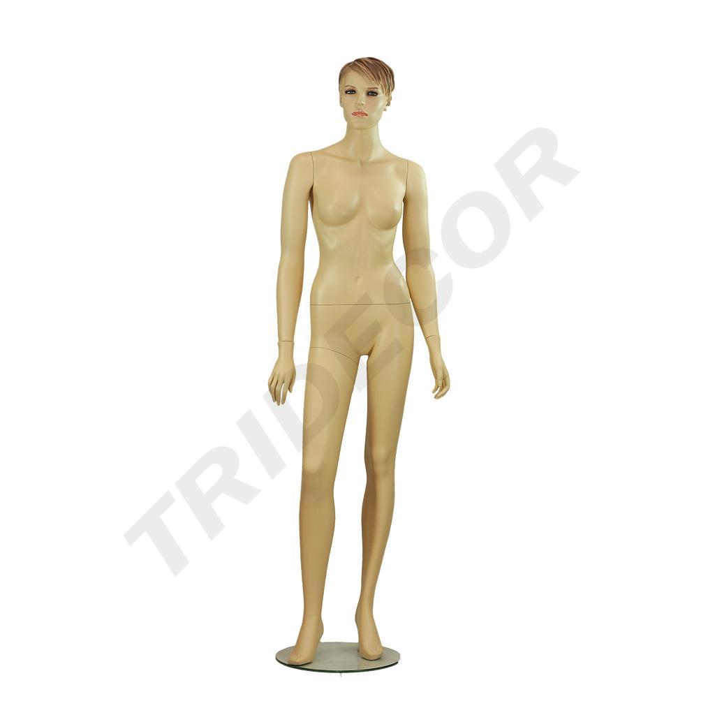 Manichino femminile in fibra di vetro color carne con capelli scolpiti