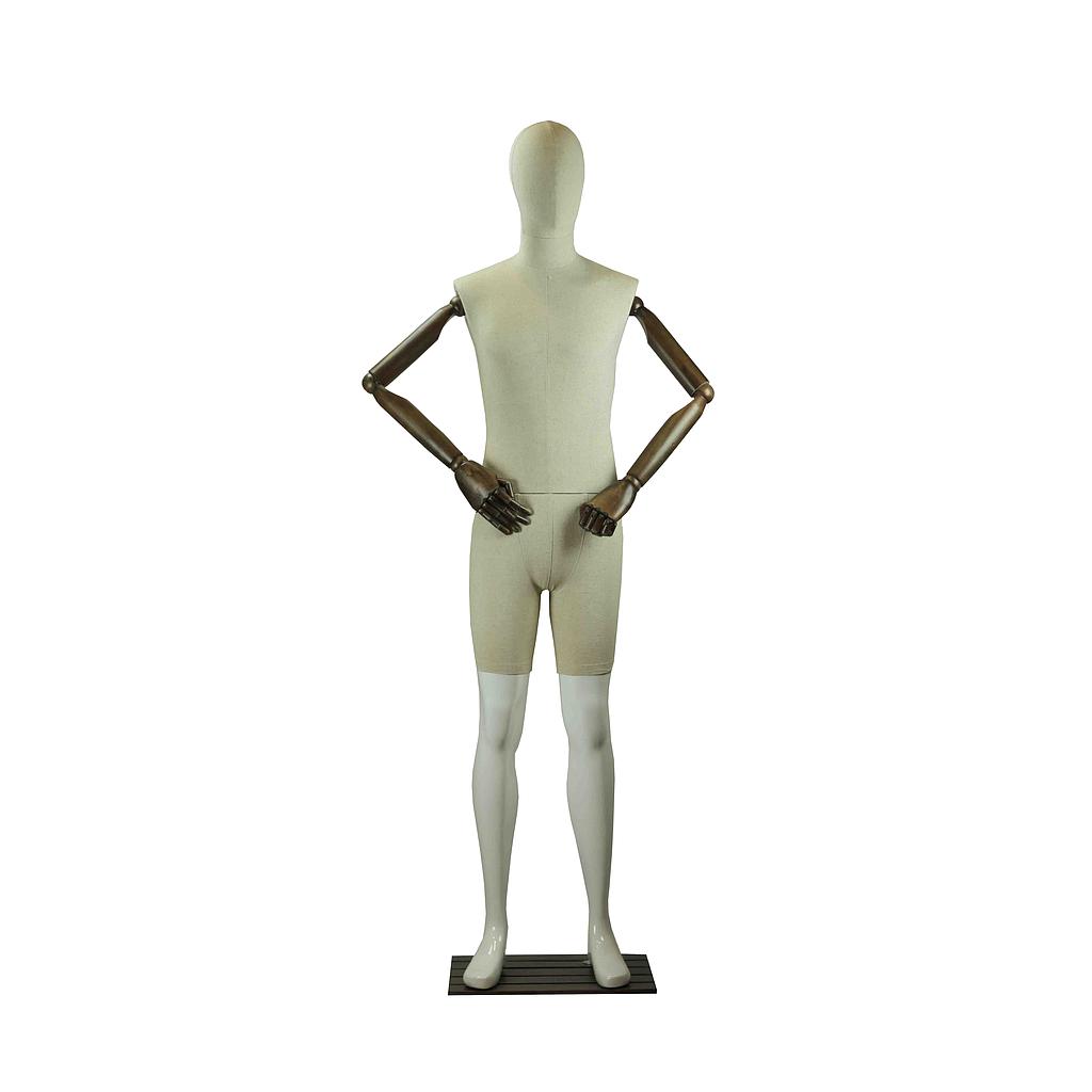 Maniquí En Tela Y Blanco Brillante Con Brazos Articulados Y Base Oscura