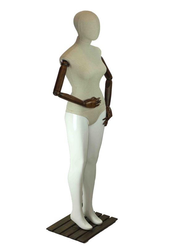 Mannequin féminin blanc brillant et en tissu avec bras articulés en bois