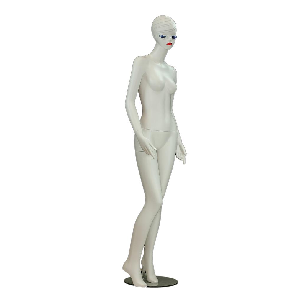 Maniquí Femenino De Fibra De Vidrio Blanco Mate Con Pestañas Azules Y Bios Rojos