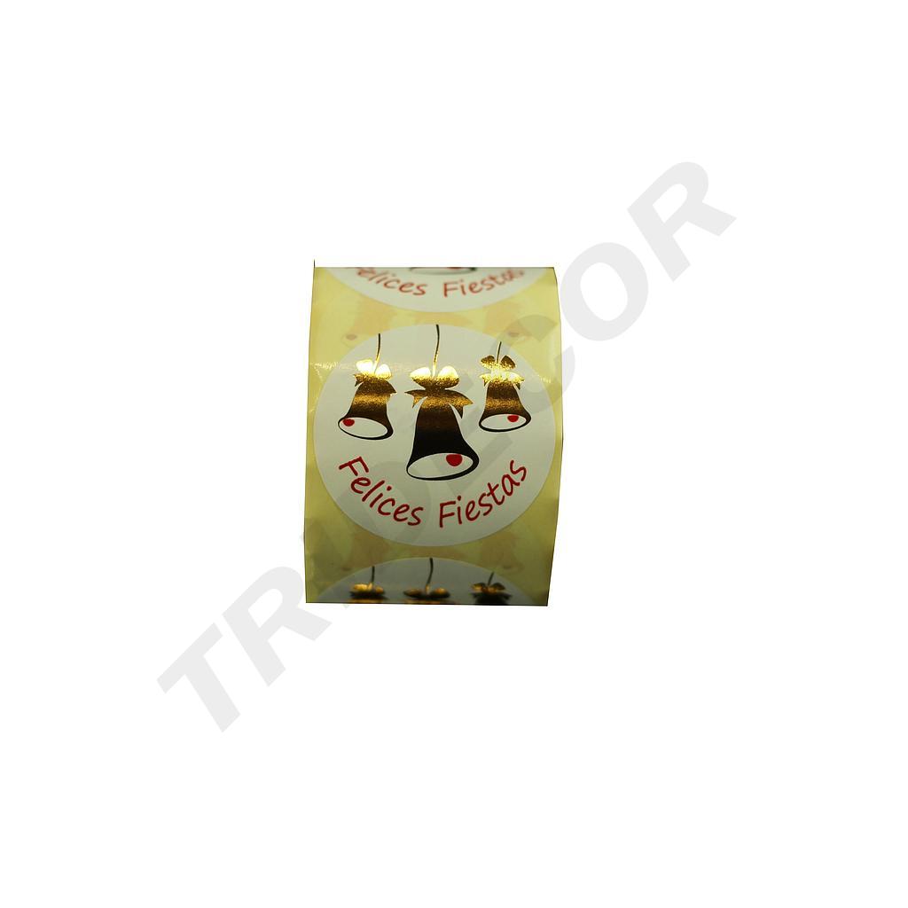 Pegatina 'Felices Fiestas' Campanas Doradas 500 Etiquetas
