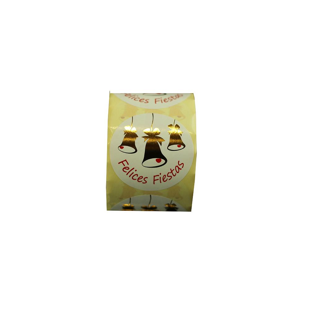 Pegatina 'Felices Fiestas' Motivo Campanas Doradas 500 uds/rollo