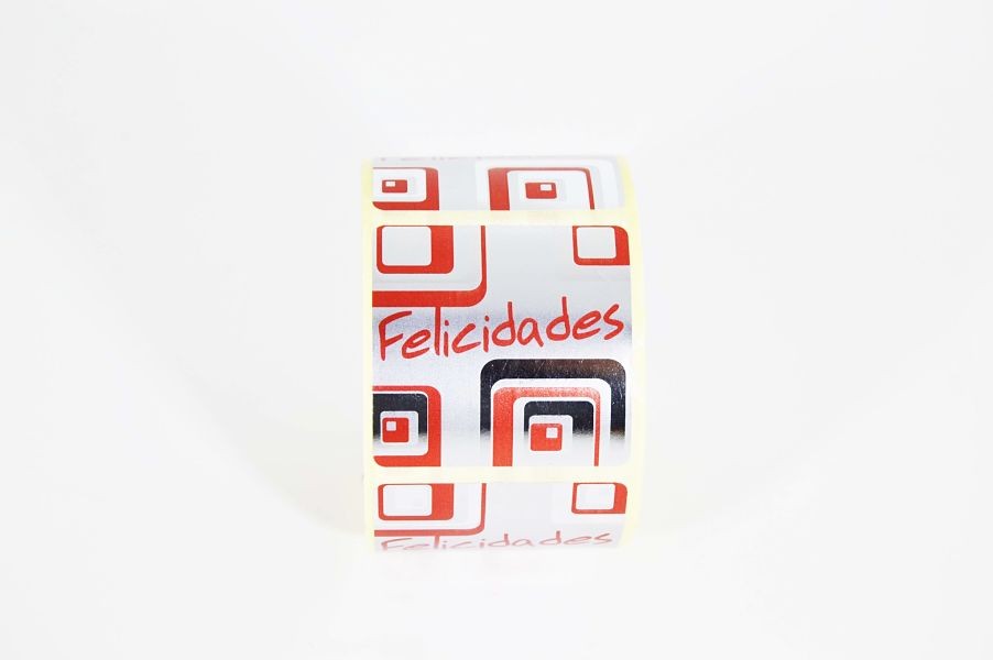 Etiquetas Adhesivas Felicidades Plata-Rojo 500 Pegatinas