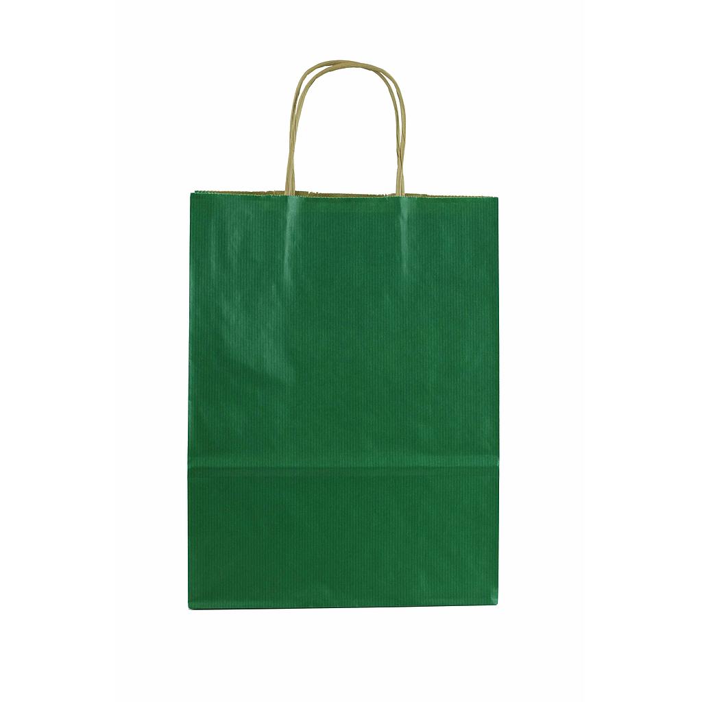 Borsa in carta Kraft con manico riccio, colore verde, 27X22X10 cm, 25 pezzi