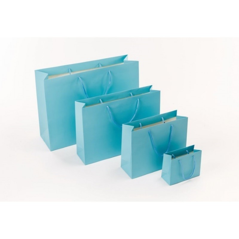 Bolsa azul clara com alça de cordão 14x6x11 cm - 12 unidades