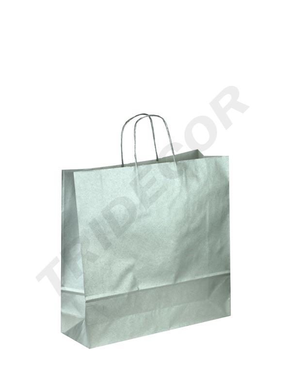Borsa in carta di cellulosa con manico riccio argentato, 37x27x12 cm, 25 unità