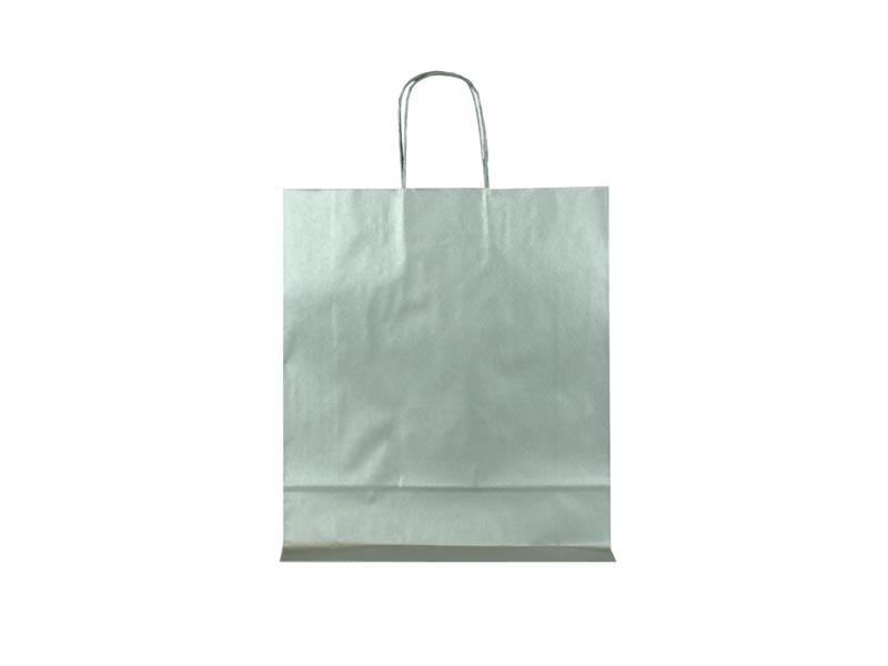 Cellulose paper bag with silver curly handle, 37x27x12 cm, 25 units