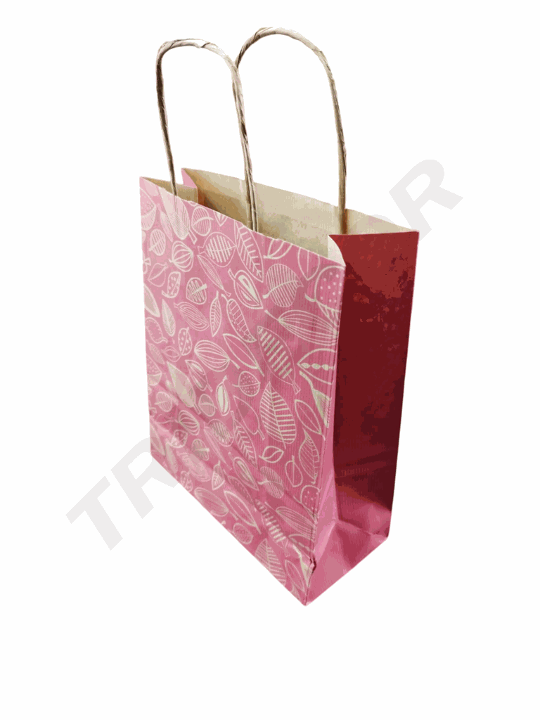 Sac en papier rouge avec feuilles dorées