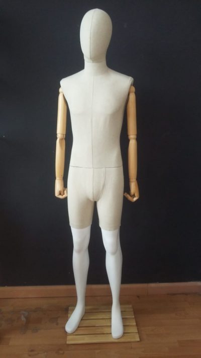 White Male Mannequin with Fabric and Light Wooden Articulated Arms