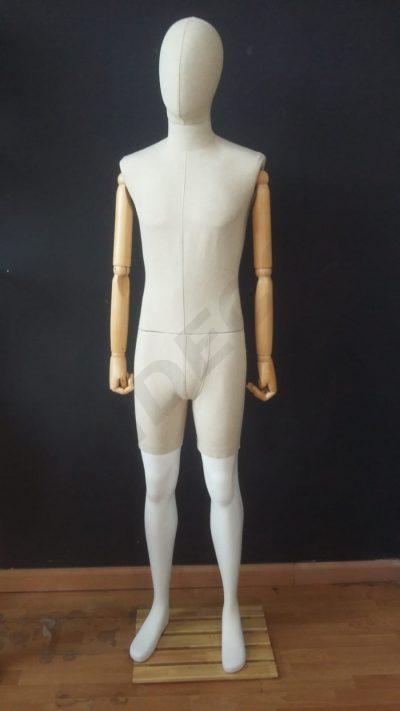 White Male Mannequin with Fabric and Light Wooden Articulated Arms