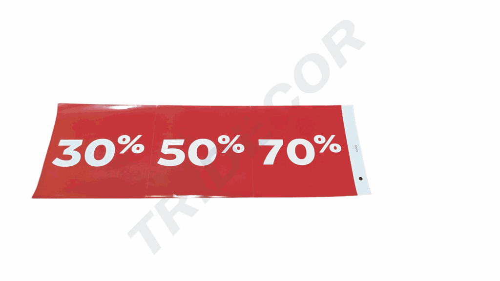 CARTEL DE VENTA 70%, 50%, 30% ROJO SOBRE FONDO MORADO