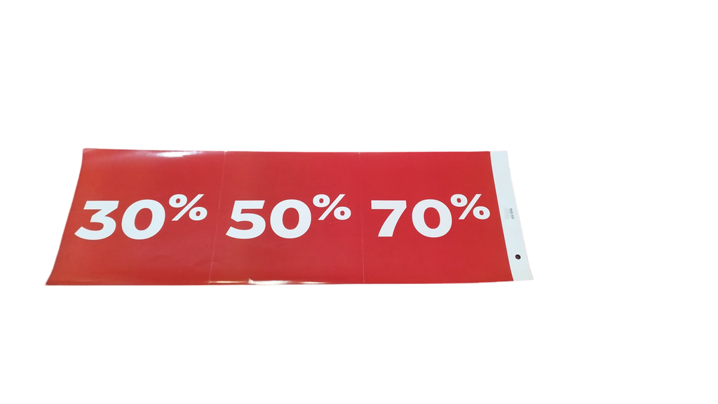 CARTEL DE VENTA 70%, 50%, 30% ROJO SOBRE FONDO MORADO