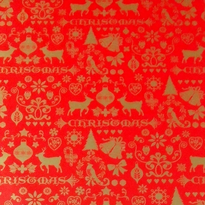 Papel de embrulho vermelho com motivos de Natal dourados 62 cm