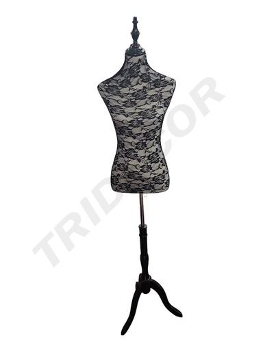 [040728] Buste de Femme en Tissu Noir Dessus Noir et Base en Bois Noir