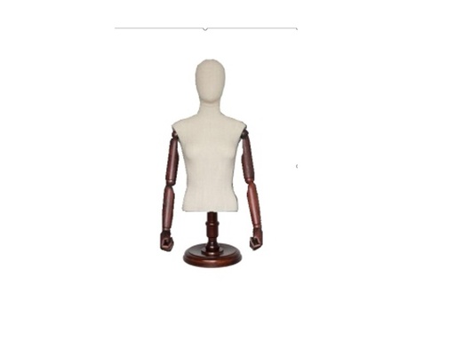 [040768] Bust of a Woman in Linen with Articulated Head, Arms and Wooden Base