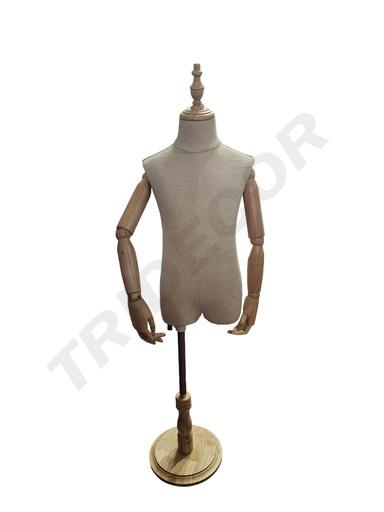 [040896] 儿童模特 带手无头 配原木色哑光小圆 Busto Infantil Tela Con Brazo Sin Cabeza Base Madera Clara Redonda