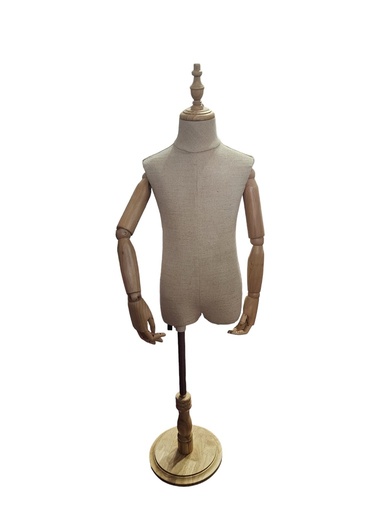 [040896] Child Bust in Fabric with Articulated Arm Cup and Round Light Wood Base